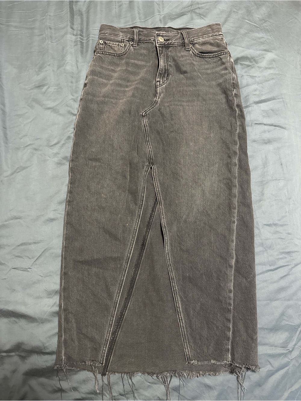 American Eagle Outfitters Washed Black Denim Midi Skirt with Front Slit